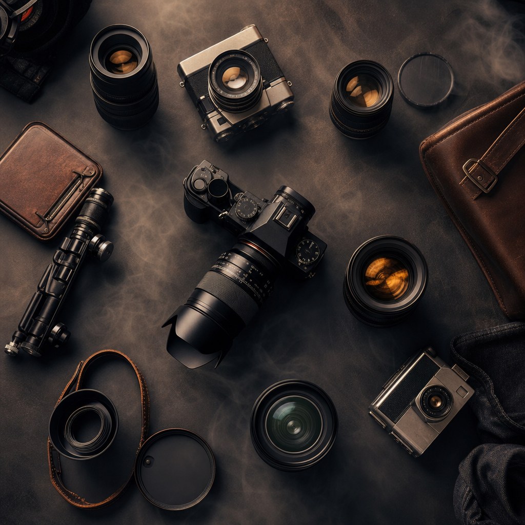 Professional camera gear flat lay