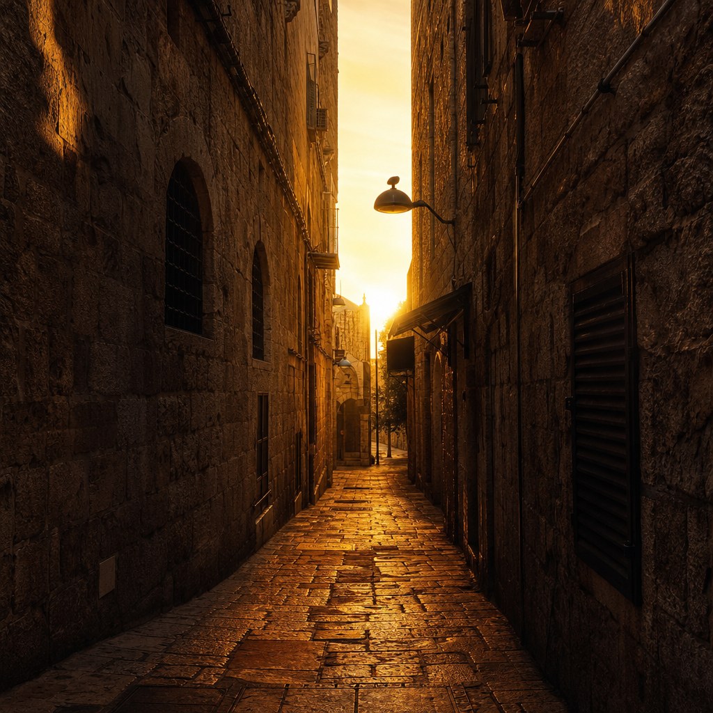 Jerusalem Old City stone alley at golden hour
