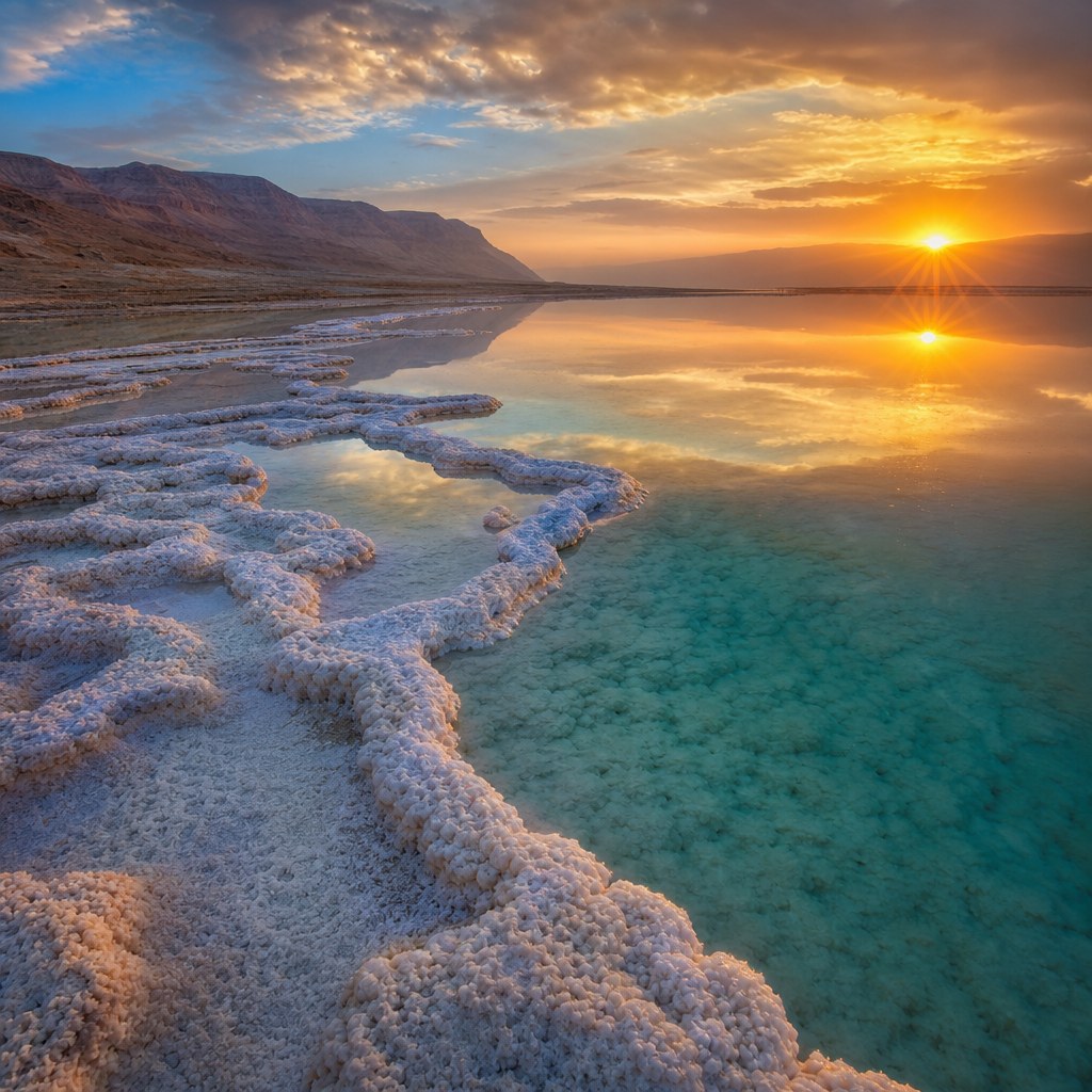 Dead Sea salt formations at sunrise
